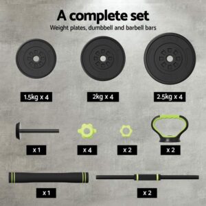 Complete home gym dumbbell and barbell set including weight plates from 1.5kg to 2.5kg, dumbbell bars, barbell bar, connector, star collars, and hand grips arranged on gray background