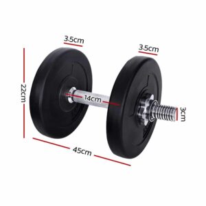 Measurement diagram of a fixed dumbbell with black plates and silver handle showing 25cm plate diameter, 13cm handle length, and 45cm total length