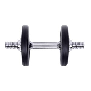 Single fixed dumbbell with black weight plates and silver knurled metal handle positioned horizontally on a white background