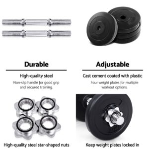 Feature collage of spin-lock barbell set showing threaded bar ends with collars, adjustable black weight plates, durable star-shaped spin-lock collars, and barbell end with plate and collar attached