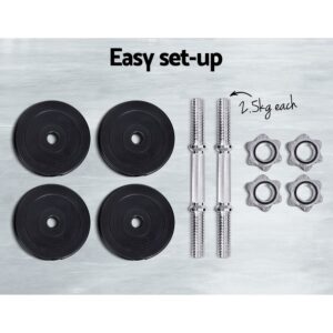 Spin-lock dumbbell set showing four black weight plates, two silver dumbbell bars with textured grips, and four spin-lock collars with text Easy Set-Up
