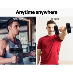 Promotional graphic showing a person lifting dumbbells at the gym on the left and another person lifting dumbbells at home on the right with text reading Anytime Anywhere
