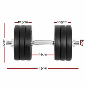 Measurement diagram of adjustable dumbbell showing 45cm total length, 14cm grip, 22cm plate diameter, and 3cm plate thickness