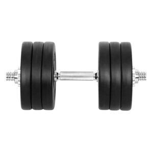 Adjustable dumbbell with steel handle, spin-lock collars, and multiple black weight plates loaded on each side