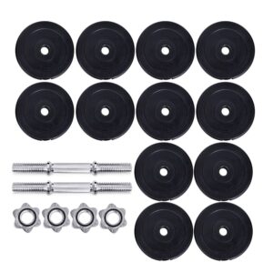 Adjustable dumbbell set showing twelve black weight plates, two chrome dumbbell bars with textured grips, and four star-shaped spin-lock collars for home strength training