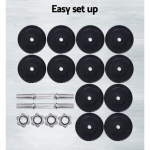 Spin-lock dumbbell set showing twelve black weight plates, two chrome dumbbell bars with textured grips, and four star-shaped spin-lock collars with text Easy Set-Up