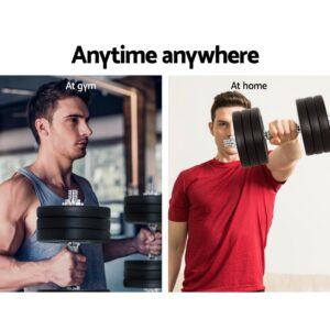 Promotional graphic showing two men lifting dumbbells, one in a gym and one at home, with text reading Anytime Anywhere