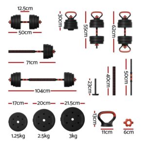 Multi-function adjustable dumbbell, barbell, and kettlebell set showing two dumbbells, one barbell, connector rod, kettlebell handles, weight plates, and spinlock collars with labeled measurements
