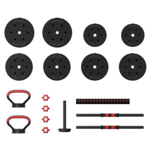 Complete adjustable dumbbell and barbell set showing eight black weight plates, two red and black dumbbell handles, four red locking collars, one long barbell connector, and two short dumbbell bars arranged on a concrete background