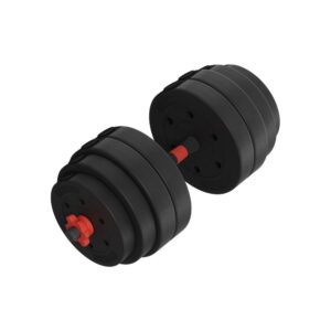 Pair of adjustable dumbbells with multiple black weight plates and red locking mechanisms on each handle for secure home strength training