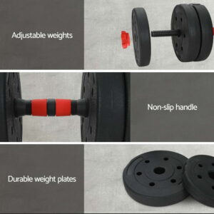 Feature highlights of adjustable dumbbell set showing adjustable weights, close-up of non-slip handle, and durable black weight plates