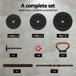 Complete adjustable dumbbell and barbell set showing weight plates in 2.5kg, 5kg, and 10kg sizes, two dumbbell bars, barbell bars, star-shaped collars, and handle grips arranged on a concrete background with text A Complete Set