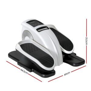 white and black under-desk stepper with large textured foot pedals and top-mounted LCD monitor, shown with labeled dimensions: 44.5cm length, 40cm width, and 25.5cm height