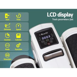 close-up of Everfit stepper LCD panel showing workout metrics including time, speed, distance, counter, and calories, with icon legend for scan, mode, function, and direction