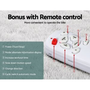 white remote control with six numbered buttons placed on textured surface, labeled for power, mode switch, workout time adjustment, speed control, direction change, and automatic mode cycling