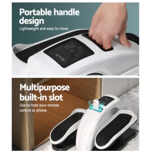 split image showing hand gripping built-in handle for portability and remote control placed in multipurpose slot on compact stepper machine, emphasizing convenience and mobility