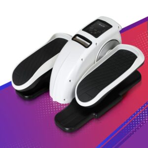 white and black under-desk elliptical trainer with large textured foot pedals, central housing unit, and digital display panel, placed on gradient background with geometric accents