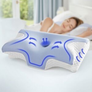 Blue ergonomic pillow with central depression and raised sides; white quilted edges for structured sleep support