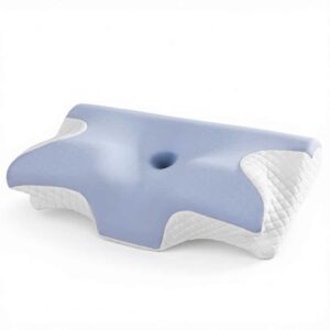 Light blue ergonomic pillow with central depression and raised sides; white quilted edges for structured sleep support