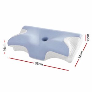Blue ergonomic pillow with central indentation and labeled dimensions; white quilted sides and dual height profile