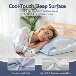 Person sleeping on Cool Ice Fabric pillow with close-ups of Ice Silk and Jacquard Knit materials; cozy bedroom setting