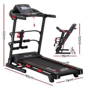 Everfit treadmill shown in extended and folded configurations with labeled measurements for length, width, height, and running surface, ideal for home gym space planning