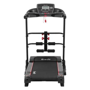 front view of Everfit treadmill with digital console, red safety key, side handles, and mounted dumbbells and resistance bands for combined cardio and strength training