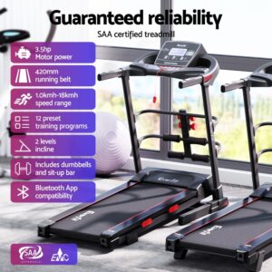 Everfit treadmill in gym setting with 3.5hp motor, 420mm belt, 1–18km/h speed, 12 programs, 2 incline levels, dumbbells, sit-up bar, and Bluetooth app compatibility