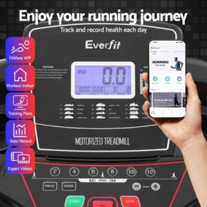 Everfit treadmill control panel with digital display and smartphone showing FitShow app features like workout plans, stats record, and expert videos for daily health tracking