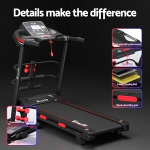 Everfit treadmill in black with red accents, featuring pulse sensor grips, safety key, 5-layer belt, shock absorbing pad, dumbbells set, and two adjustable incline levels