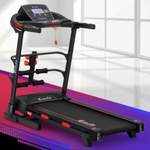 Everfit treadmill in sleek black and red design with digital console, red safety key, mounted dumbbells, resistance bands, and sit-up bar in bright home gym setting