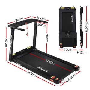Everfit treadmill shown with labeled measurements for unfolded and folded positions, including running surface, console, and frame dimensions for home gym fitment