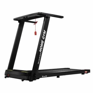 black Everfit treadmill with HOME GYM label on upright support, red safety key on console, and compact design for indoor cardio workouts