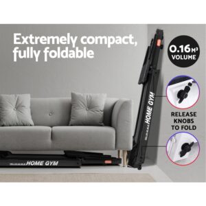 Everfit treadmill shown in use and folded beside grey couch, highlighting extremely compact 0.16m³ volume and 16cm fold-down profile for space-saving home fitness