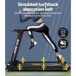 person running mid-stride on Everfit treadmill labeled HOME GYM, with yellow shock absorption icons and text highlighting safe, quiet operation and knee protection