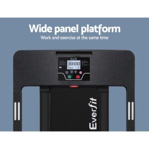 top view of Everfit treadmill showing wide panel platform, digital display with metrics, and green start/red stop buttons against blue background