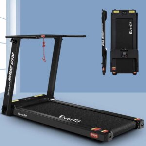 Everfit treadmill in black with HOME GYM label, shown in use and folded upright, featuring red safety key and compact design for space-saving home fitness