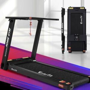 Everfit treadmill shown in use and folded upright in bright home gym with geometric purple-red accents, highlighting space-saving design and red safety key