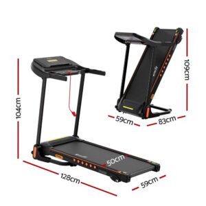 Everfit treadmill shown in folded and unfolded views with labeled measurements for length, width, and height, highlighting compact 128cm x 59cm x 104cm footprint and 83cm folded depth