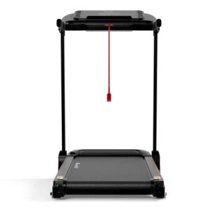 front view of Everfit treadmill with black frame, red accents, and red safety key hanging from console, designed for sleek home fitness setup