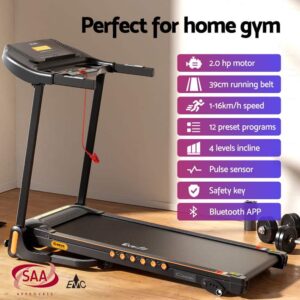 Everfit treadmill in black with orange accents, shown in home gym with dumbbells, highlighting 2.0 hp motor, 39cm belt, 1–16km/h speed, 12 programs, 4 incline levels, pulse sensor, safety key, and Bluetooth app