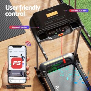 Everfit treadmill with digital display, red safety key, Bluetooth speaker, USB/AUX ports, and smartphone showing fitness app with 30-minute HIIT run program