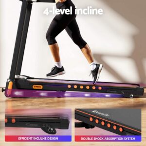 person running on Everfit treadmill with orange incline knobs and purple base, featuring 4-level incline, efficient incline design, and double shock absorption system