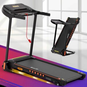 Everfit treadmill in black with orange-red accents, shown in use and folded upright, featuring LED side lights, digital display, and red safety key in bright home setting
