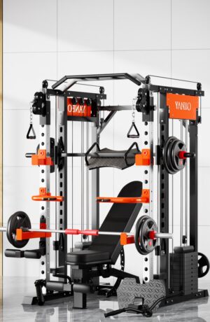 multifunctional vivid smith machine in black and orange with bench, barbell, weight plates, pulleys, and cable attachments for home strength training