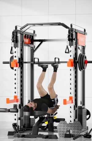 man lying on back performing inverted leg press with barbell on smith machine, targeting lower body muscles in gym environment