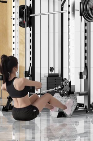 woman in black sportswear seated on bench using cable machine for back workout, pulling handles toward torso in gym setting