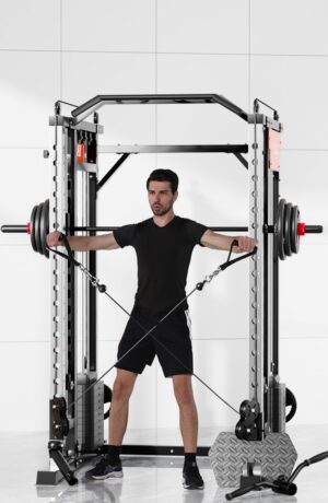man in black athletic wear using cable crossover machine with arms extended, demonstrating chest and shoulder workout in gym setting