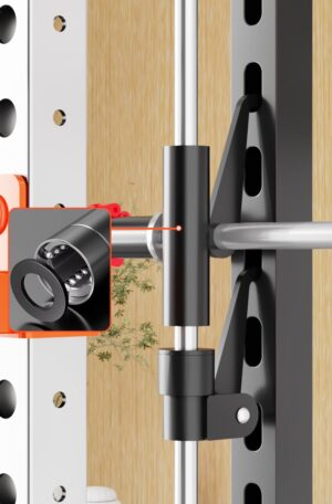 close-up of cylindrical metal pin aligning with bracket hole, inset shows internal spring-loaded mechanism, part of smartfit m1 max multi-station gym setup