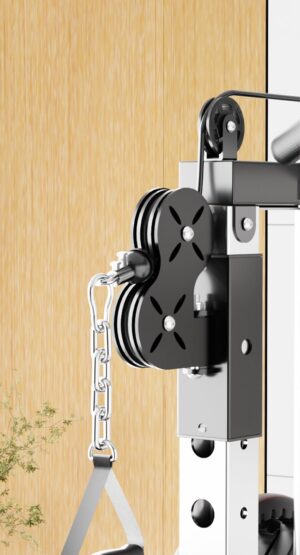 close-up of dual black pulleys with metal chain threaded through, mounted on vertical frame of smartfit m1 max multi-station gym equipment